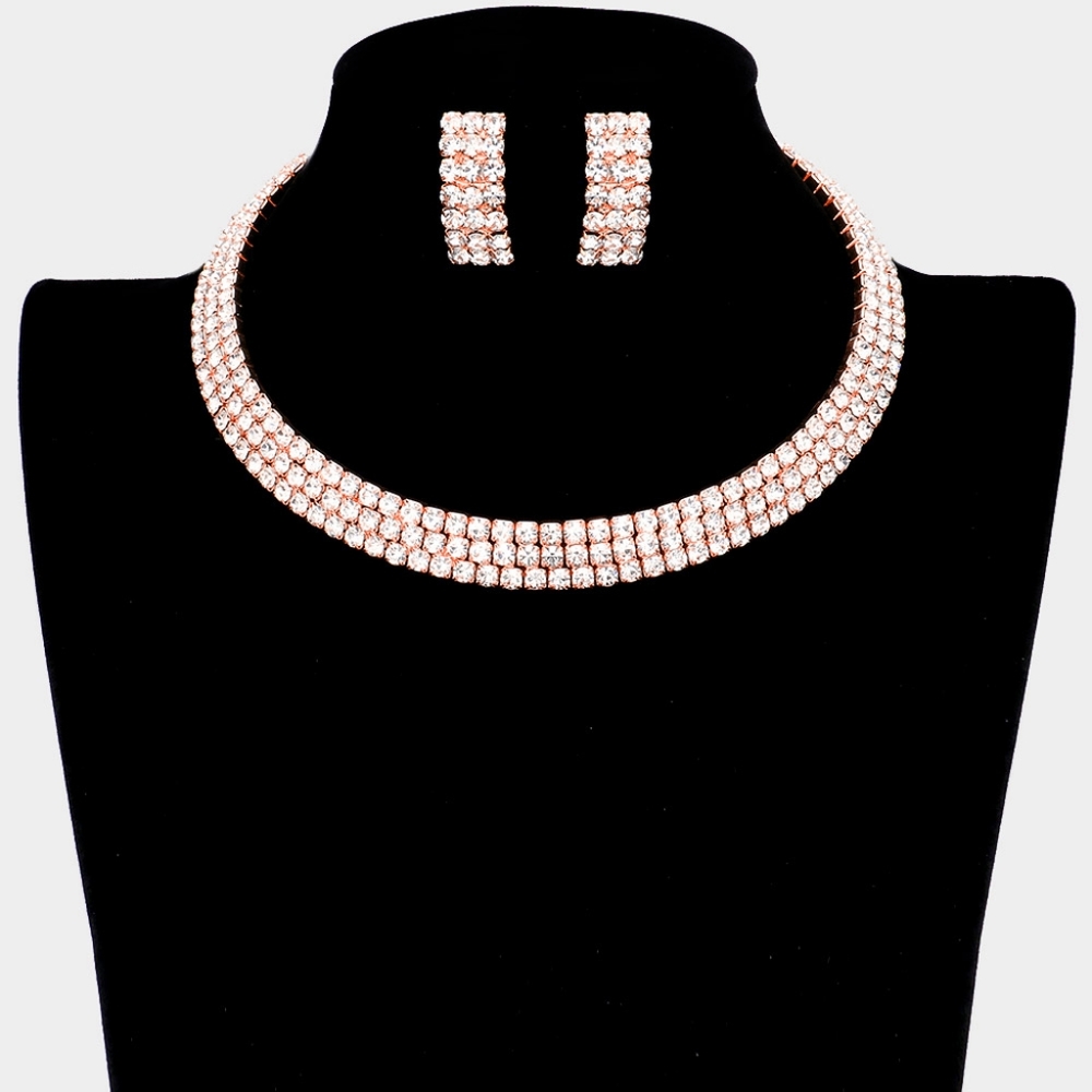Rose Gold Crystal Rhinestone Choker Necklace Cuff 3 Row Statement Jewelry Set